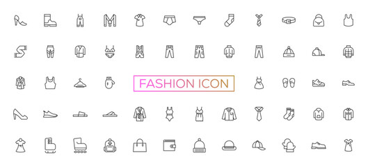 Clothes, Fashion Line Icons. Vector Illustration Included Icon as Jacket, Winter Coat, Sweatshirt, Dress, Hoody, Jeans, Hanger and other Apparel Flat Pictogram for Cloth Store