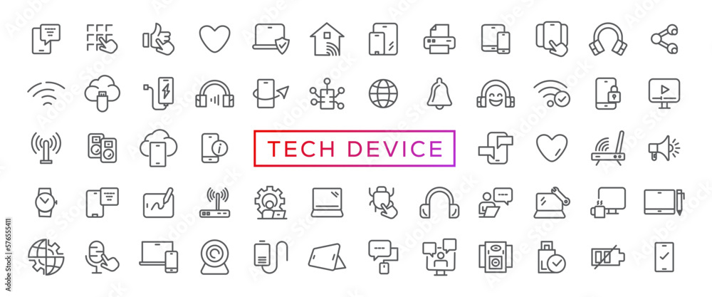Poster tech device thin lines flat icon solid style,isolated simple communication icon set,easy to change c