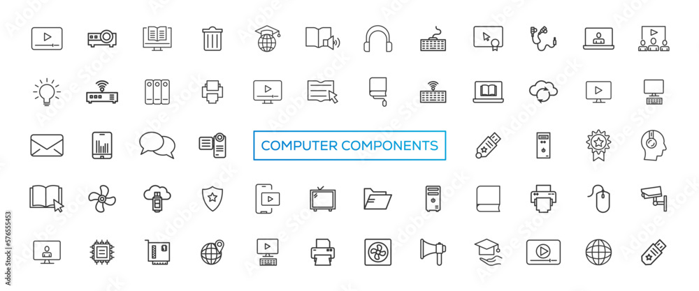 Poster tech device thin lines flat icon solid style,isolated simple communication icon set,easy to change c