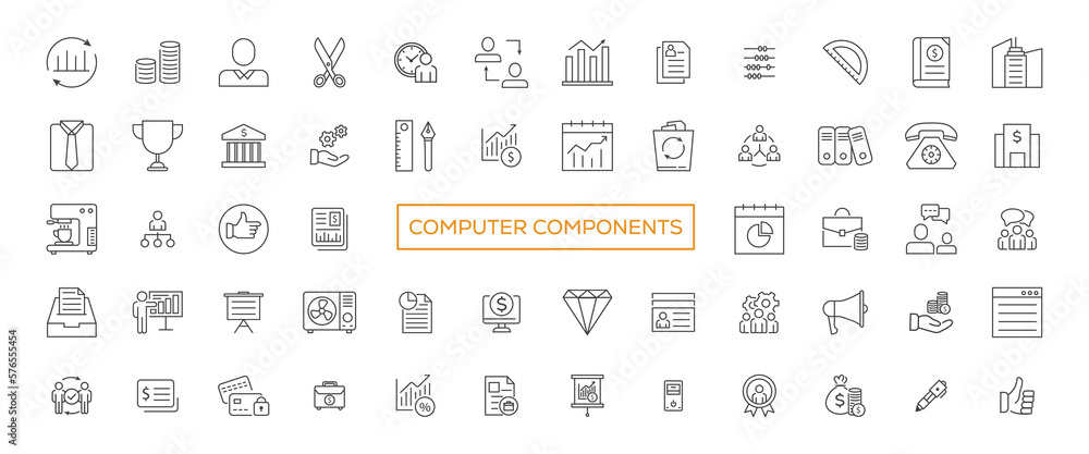 Poster tech device thin lines flat icon solid style,isolated simple communication icon set,easy to change c