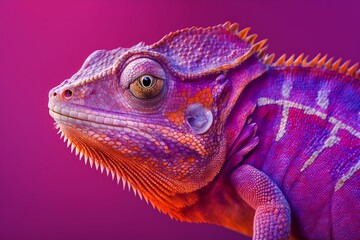 close up of a red color chameleon lizard on purple background, generative ai