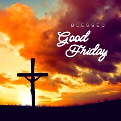 Image of blessed good friday text over clouds and cross