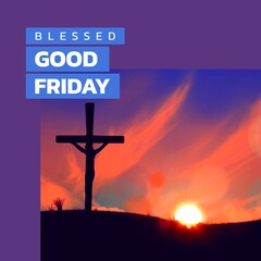 Naklejka premium Image of blessed good friday text over sunset and cross