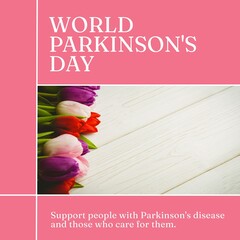 Image of world parkinson's day text over colourful flowers with copy space © vectorfusionart