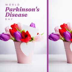 Image of world parkinson's day text over colourful flowers in pot with copy space © vectorfusionart