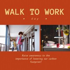 Image of walk to work day text over diverse business people walking