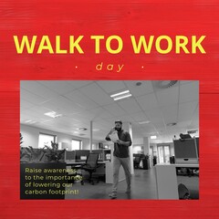 Image of walk to work day text over caucasian businessman walking