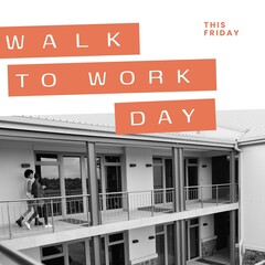 Fototapeta premium Image of walk to work day text over diverse business people walking in office