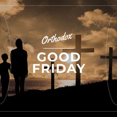 Image of good friday text over silhouette of couple holding hands and crosses