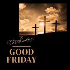 Image of good friday text over landscape and crosses