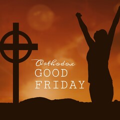 Image of good friday text over silhouette of woman raising hands and cross