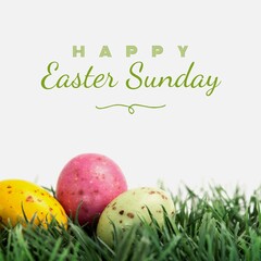Image of happy easter sunday text over chocolate easter eggs on grass