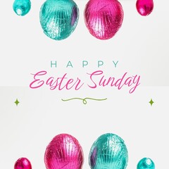 Image of happy easter sunday text over chocolate easter eggs