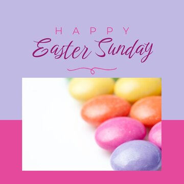 Image of happy easter sunday text over chocolate easter eggs