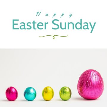 Image of happy easter sunday text over chocolate easter eggs and copy space