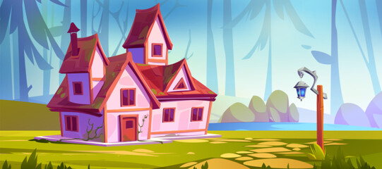 Nice rural house on forest glade near lake. Vector cartoon illustration of country cottage building surrounded by trees, green grass, bushes, blue river, stone footpath, old lantern. Game background