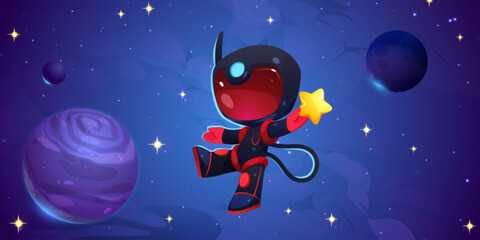 Astronaut in outer space with planets and stars. Cosmos background with cute cosmonaut in black spacesuit and red helmet holding star, vector cartoon illustration © klyaksun