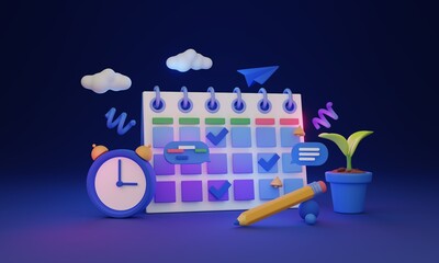 Calendar time schedule 3D concept. Monthly schedules and reminders, helping to organize time and manage tasks. Efficient time management and organizer. Productivity and successful goal achievement.