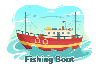 Fishing Boat Illustration with Fishermen Hunting Fish Using Ship for Web Banner or Landing Page in Flat Cartoon Hand Drawn Vector Templates