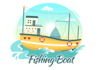 Fototapeta na wymiar Fishing Boat Illustration with Fishermen Hunting Fish Using Ship for Web Banner or Landing Page in Flat Cartoon Hand Drawn Vector Templates
