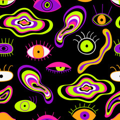 Fototapeta na wymiar Hand drawn psychedelic seamless pattern. Bright acid print with evil eyes. Modern hallucination vector background. Conceptual art. Retro pop design for party, fabric, website.
