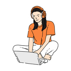 Hand-Drawn Illustration of a Woman Listening to Music with Headphones and Using a Laptop