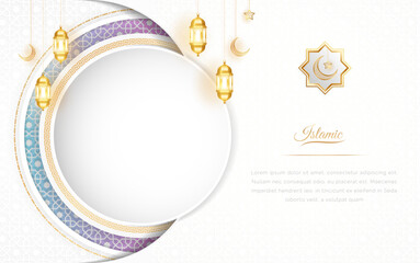 Ramadan Arabic Islamic White and Golden Luxury Ornamental Background with Islamic Pattern and Decorative Lanterns