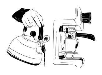 Hand-drawn Illustration of Coffee Making with a Machine and Teapot
