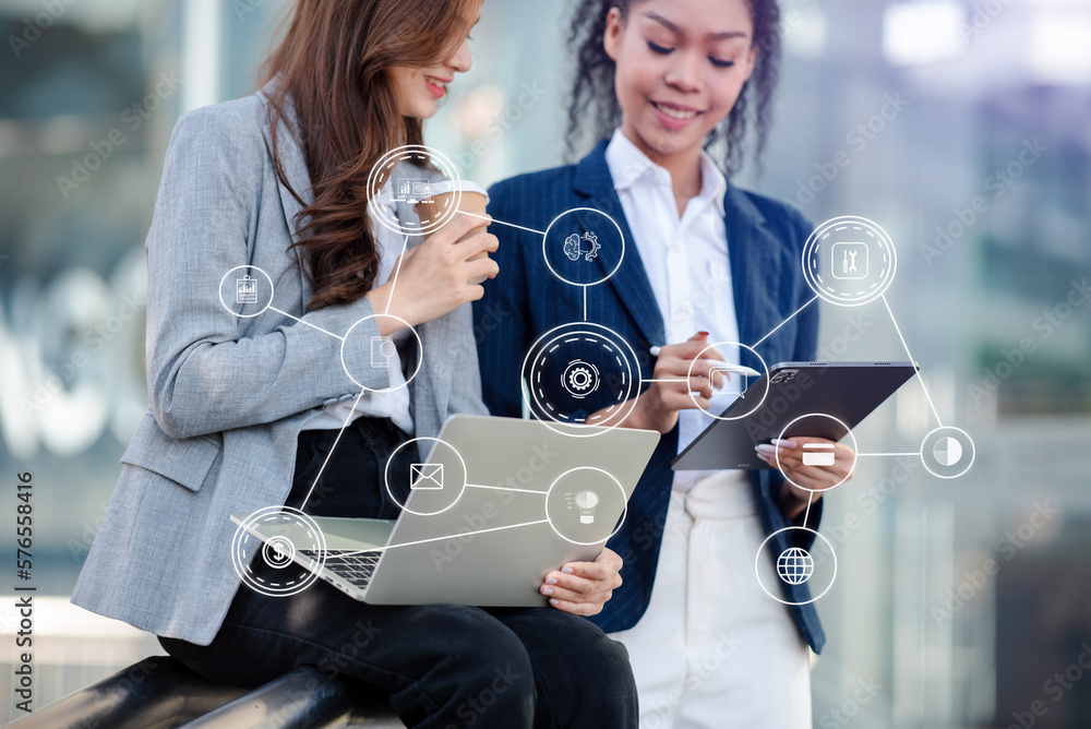 Poster working team meeting concept, business using laptop and smart phone and digital tablet computer with