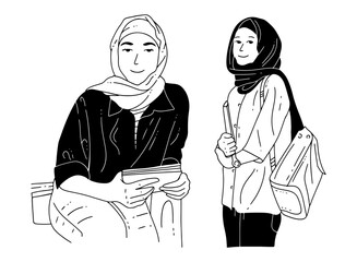 Hand-drawn of college student with hijab