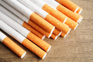 Cigarette, roll tobacco in paper with filter tube, No smoking concept.