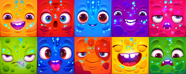 Cartoon set of cute square emoji with different emotions. Vector illustration of neon color funny faces smiling, angry, bored, scared, surprised, crazy, laughing. Game characters. Chat message symbols