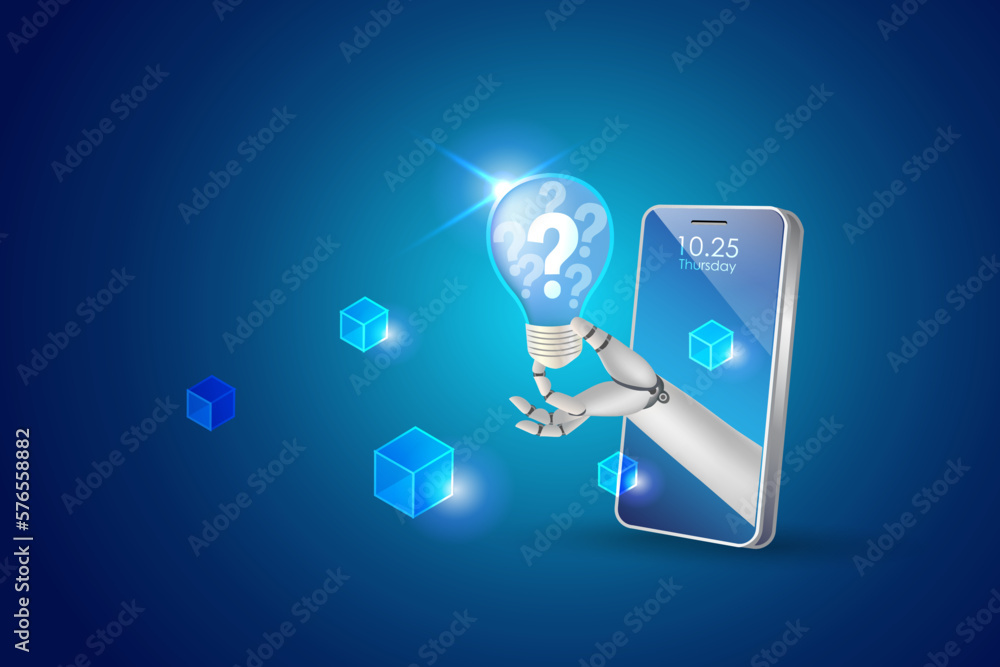 Poster robot hand holding questions in creative light bulb on smart phone. ai smart technology system gener