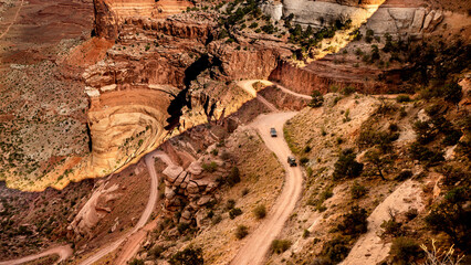 The White Rim Road and Shafer Trail winding up the steep canyon in Canyonlands National Park, Utah, United States