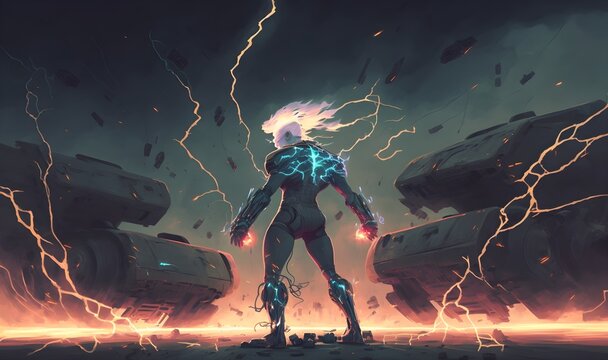 electric man use evil powers to destroy cars, digital art style, illustration painting, Generative AI