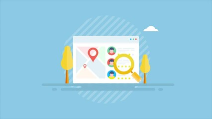 Local seo management and marketing for online business location map on search engine page with detail information and customer review animation.