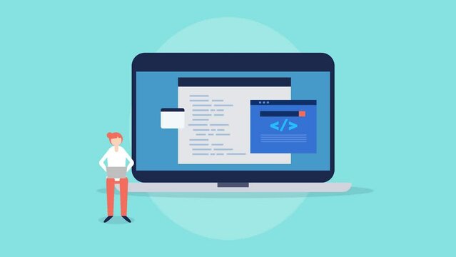 Female computer software programmer writing script coding on laptop screen, web application development, java, CSS language learning conceptual video animation.