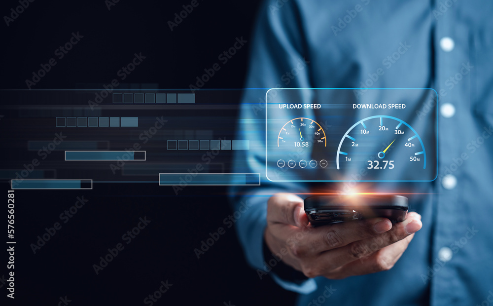 Fototapete Fast internet connection speedtest bandwidth network technology, Man using Internet high speed by smartphone 5G quality, speed optimization...