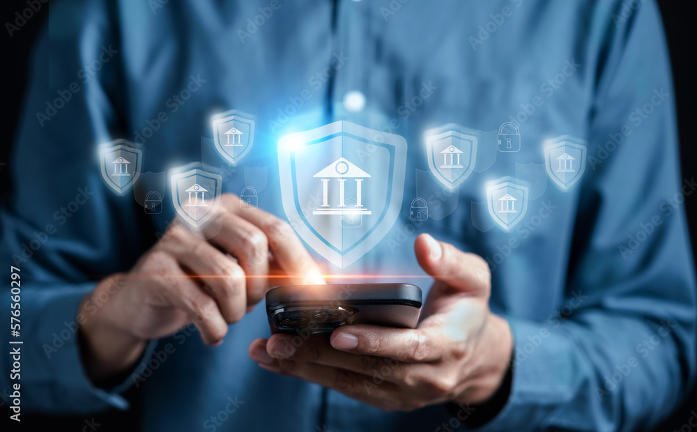 Poster Cyber security on mobile online banking and payments, Digital marketing. firewall interface protection of Personal data security and banking. Protecting from cyber attack. protect and privacy identity