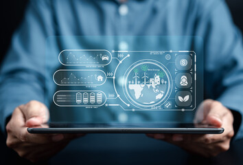 Energy engineer using tablet virtual map future, prototype design on holographic projection, Futuristic design with technology application basic, Green energy