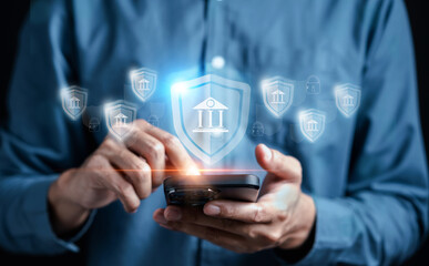 Cyber security on mobile online banking and payments, Digital marketing. firewall interface...