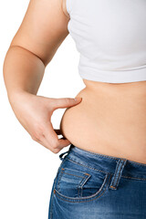 Young fat woman measuring her stomach