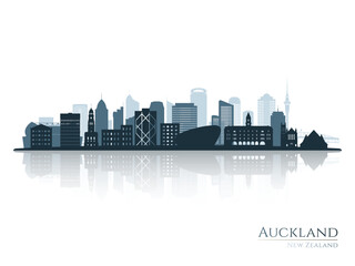 Auckland skyline silhouette with reflection. Landscape Auckland, New Zealand. Vector illustration.