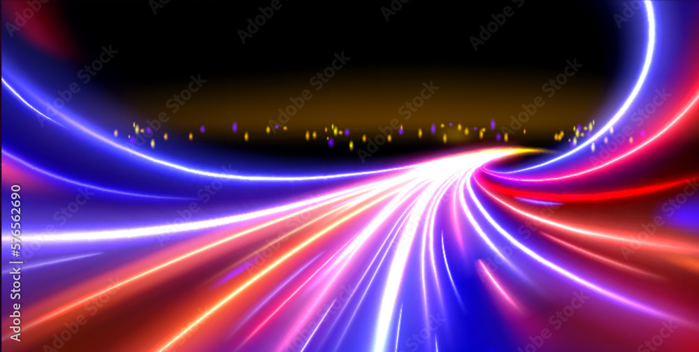 Wall mural long exposure vector effect on city landscape. car lights speed motion bright color trail on road ve