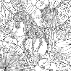 animal, antistress, art, background, banana tree, beautiful, coloring, coloring book, coloring page, cute, design, designer, designer print, exotic, flora, floral, flower, galloping, hand drawn, hoove