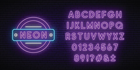 Glowing purple neon alphabet on dark brick wall background. Letters from A to Z and numbers from 0 to 9 in shining neon effect.