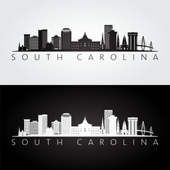 South Carolina state skyline and landmarks silhouette, black and white design. Vector illustration.