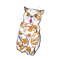 Realistic Persian cat. Illustration isolated on white. Сute purebred kitty with plant pattern on the skin. Silhouettes of leaf and flower. For tattoo, designers, print, cards, clothes, icon, logo