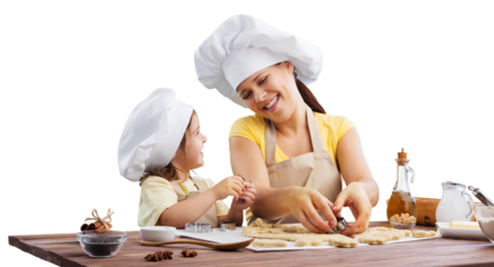 The beautiful young mother and her little daughter cooking
