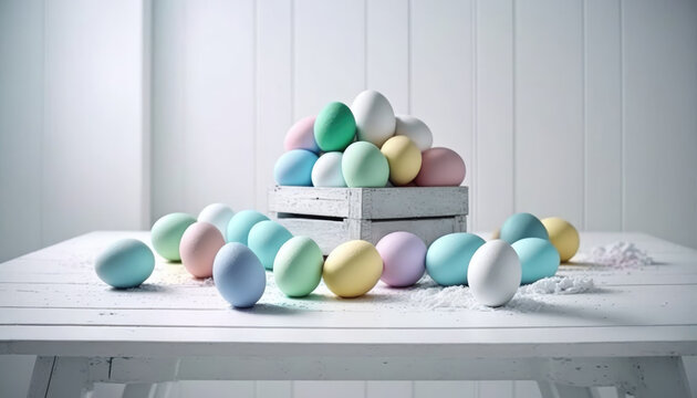 Easter eggs in white wooden box on a table in white kitchen interior. Painted Easter eggs in pastel color, blue, green, yellow, pink hen egg. Happy Easter wallpaper. Generative ai illustration